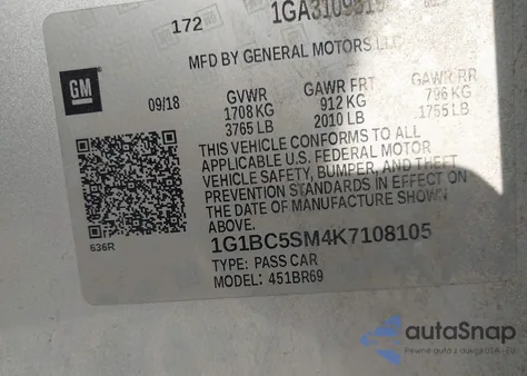 2019 Chevrolet Cruze Ls из США, поврежденный, VIN 1G1BC5SM4K7108105